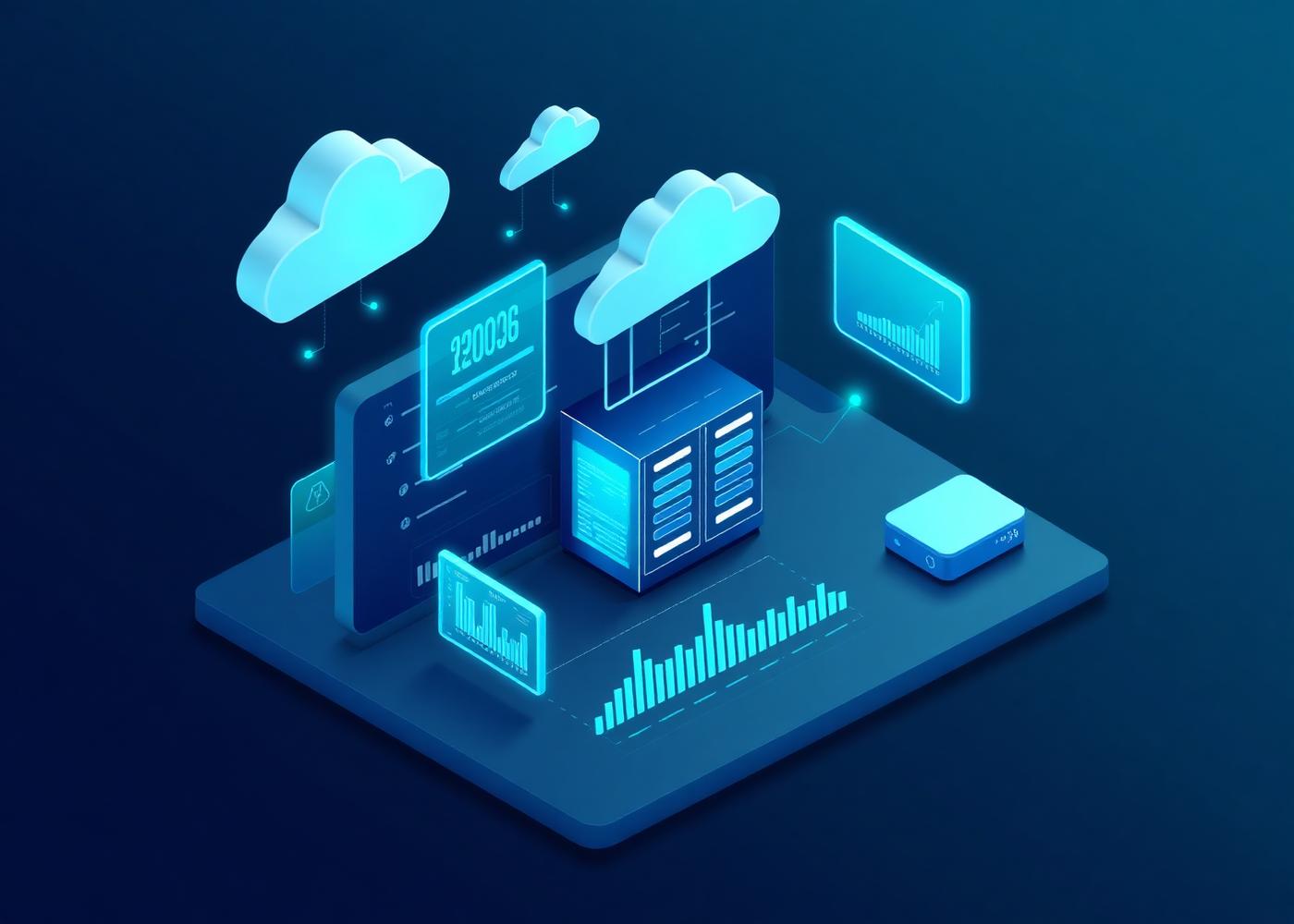 Isometric illustration of cloud infrastructure dashboards