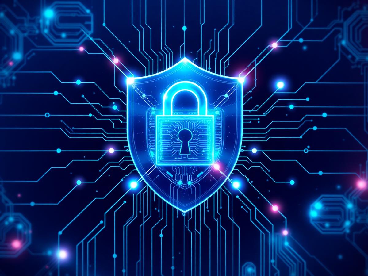 Glowing cybersecurity shield on circuit-board background